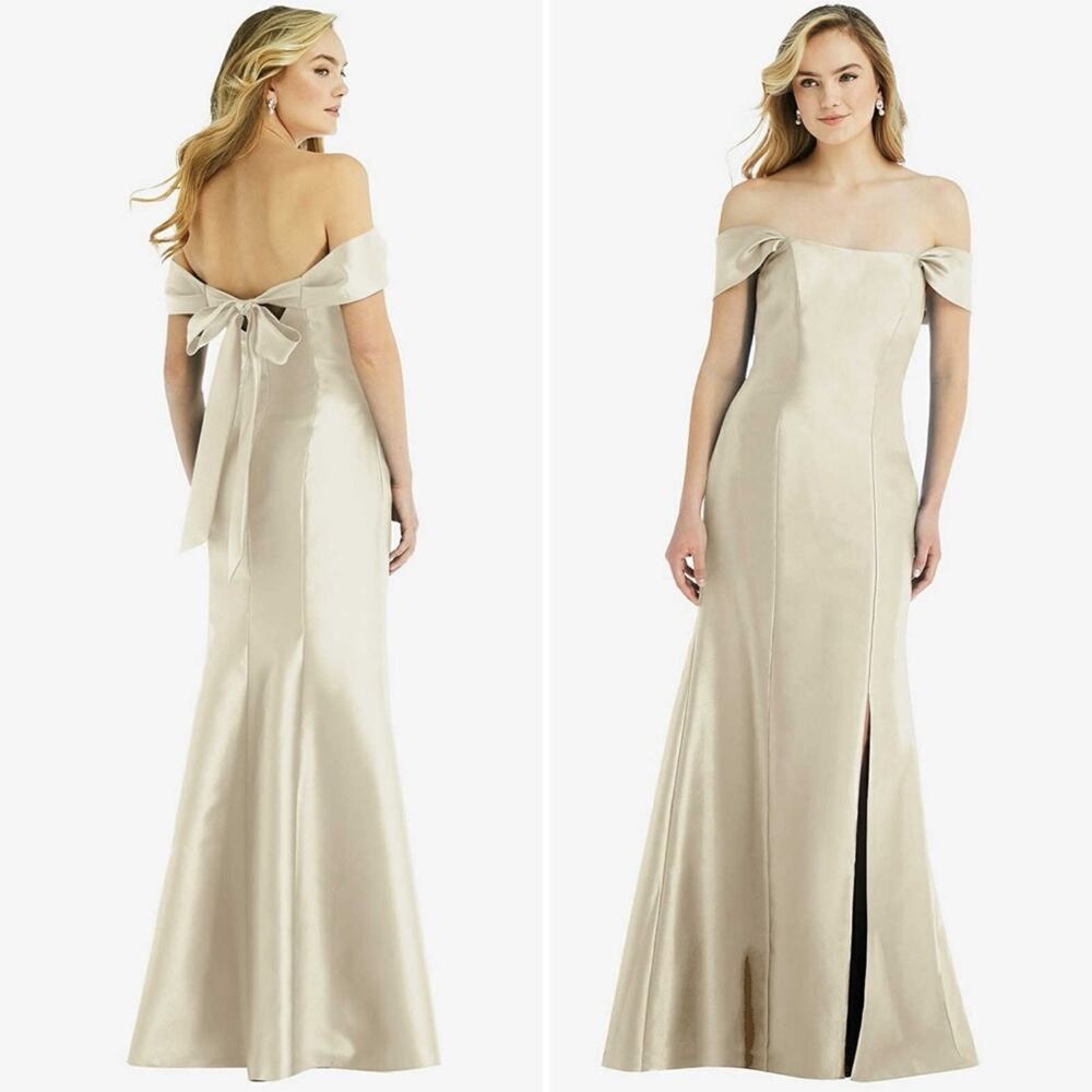 ALFRED SUNG Off-Shoulder Satin Maxi Gown in Champagne